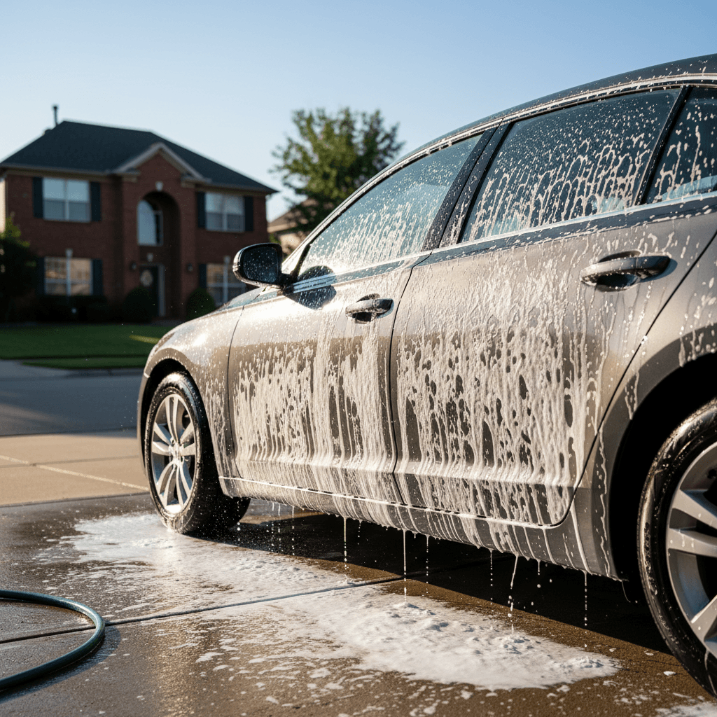 A sedan covered in foam during a quick maintenance wash in a driveway