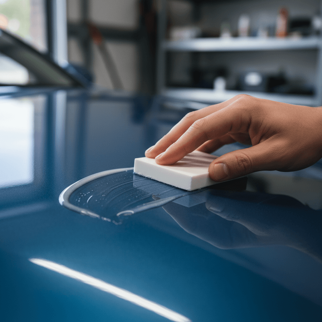 Close-up of a clay bar gliding over a car hood during paint decontamination