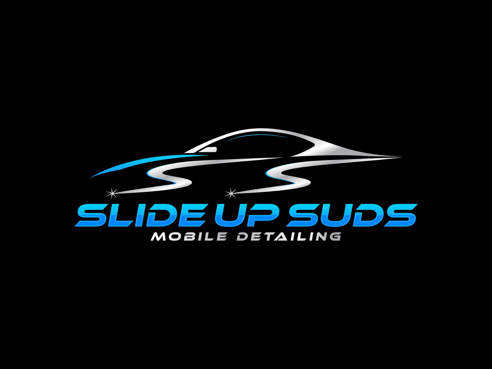 Slide Up Suds Mobile Detailing logo featuring a sleek silver and blue car silhouette graphic.