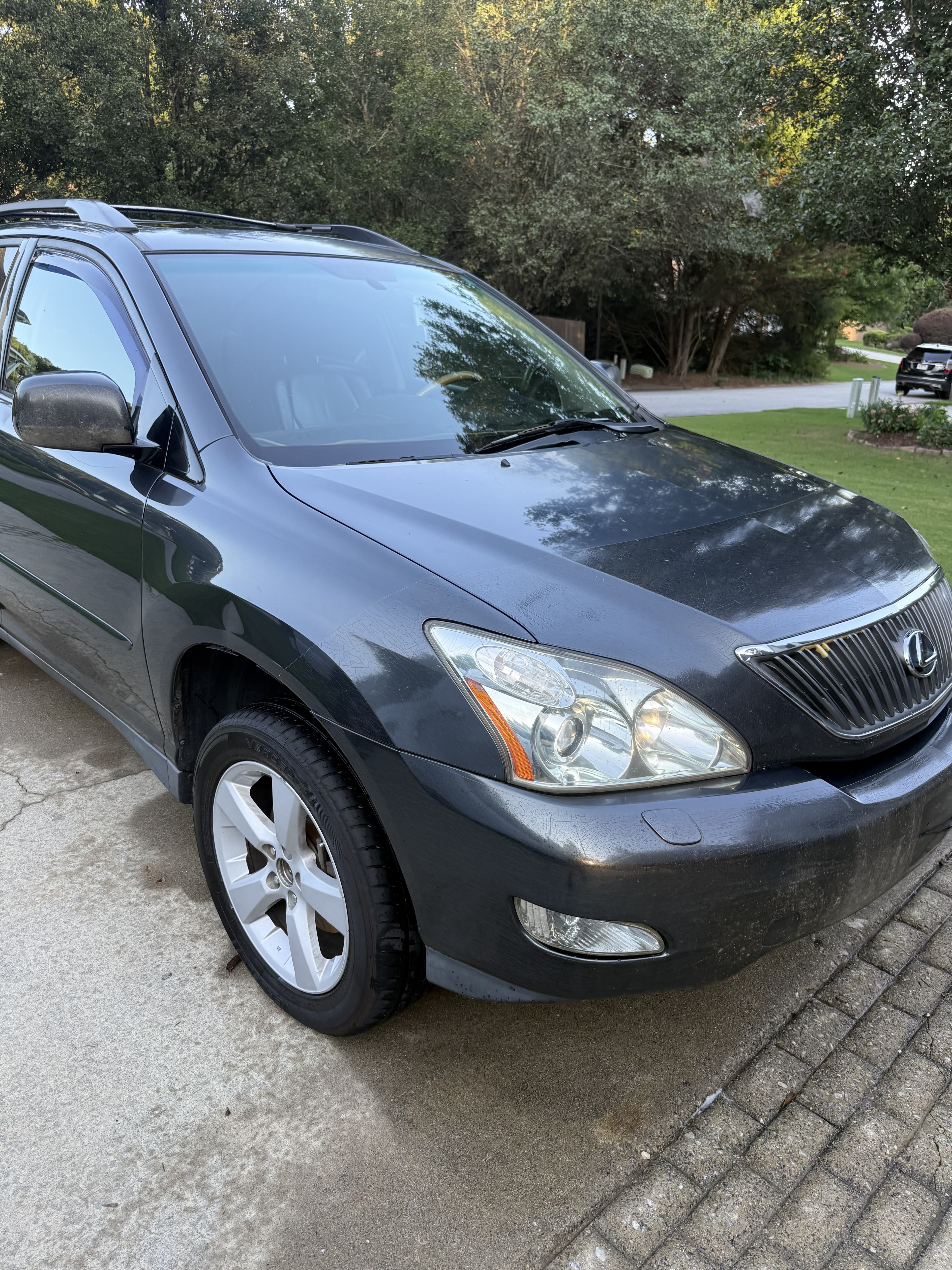 Dark gray Lexus SUV parked on a concrete driveway with lush green trees behind it.