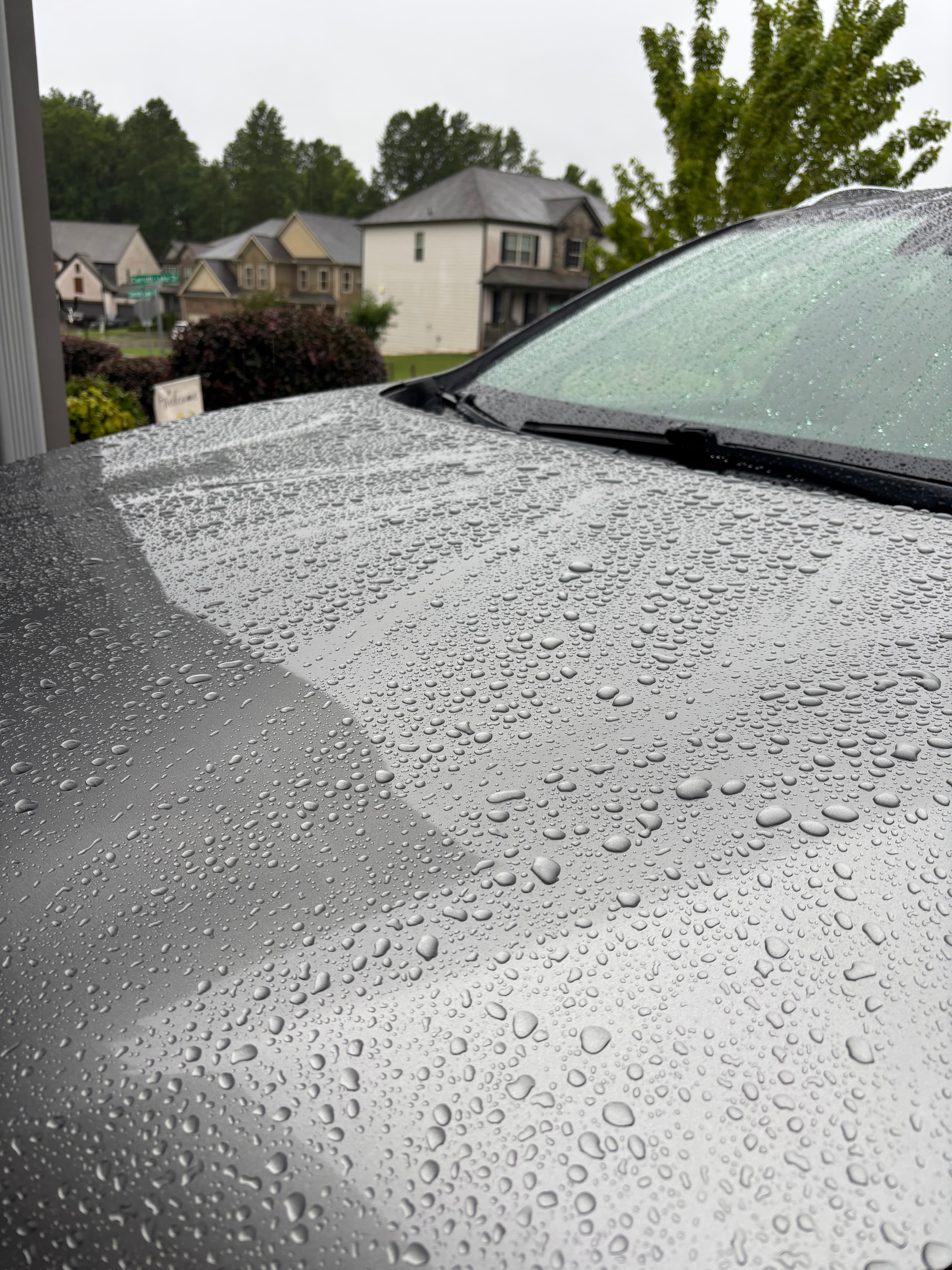 Raindrops bead on a grey car hood with suburban houses visible in the background.